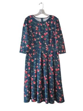 ​Floral Rose Midi Dress Women's Large Navy Blue Retro Pockets Tea Party Feminine